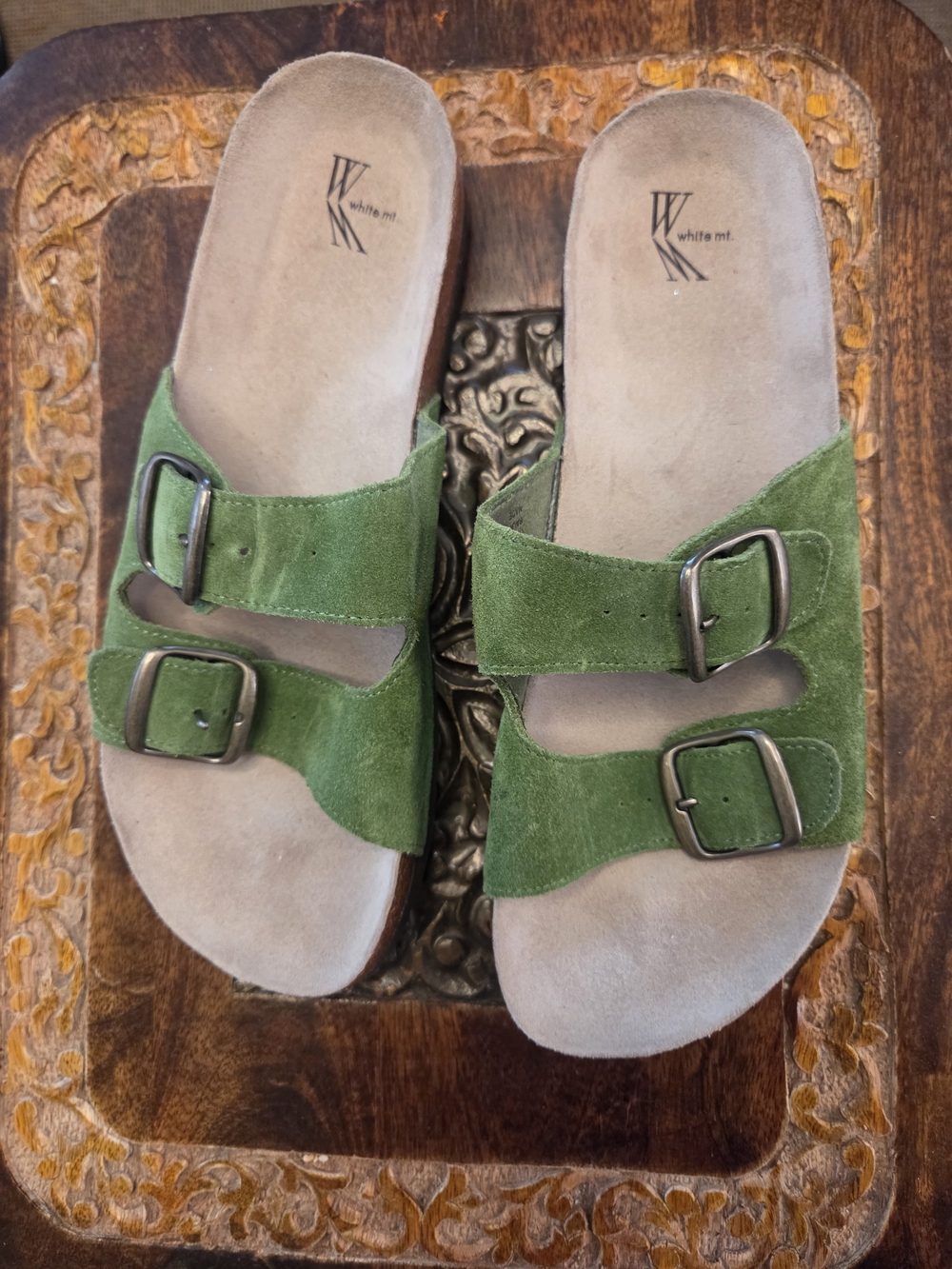 White Mountain Green Suede Double Buckle Slide Sandals
